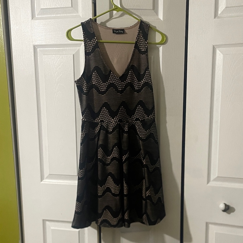 Skater Dress with Wave Lace Overlay - Black/Tan
